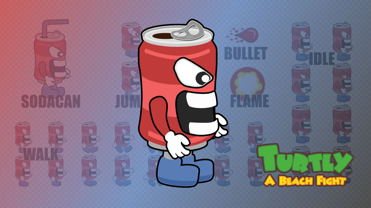 2d Soda Can Character - Turtly - A Beach Fight